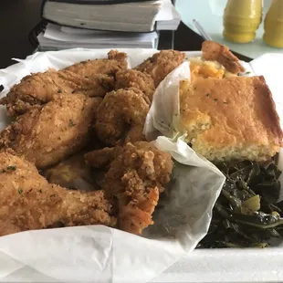 Chicken &amp; Shrimp dinner (collard greens, Mac &amp; cheese and corn bread $16.