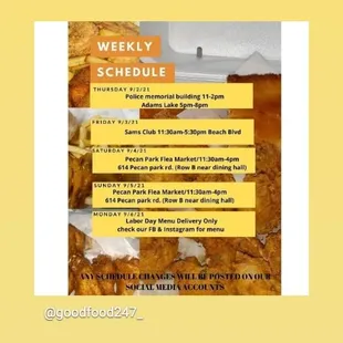 Week schedule 9/2/21-9/6/21