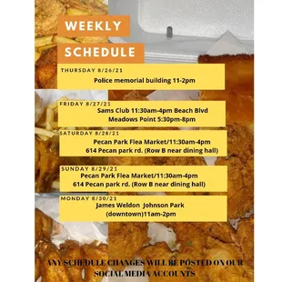 This weeks schedule 8/26/21-8/30/21