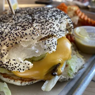 Cheese burger, no mayo, extra pickles with a sesame seed bun toasted combo regular &amp; sweet potato waffle fries