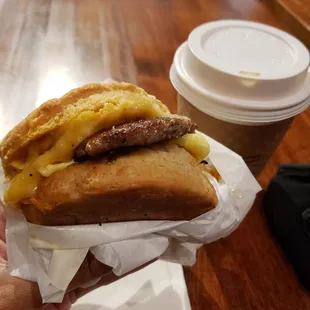 Biscuit sandwich, egg, turkey sausage and sriracha cheddar ~$7 incl tax