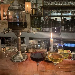 two glasses of wine on a bar