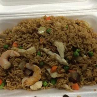 House Special carry out. Shrimp, chicks &amp; pork fried rice. Too dry!