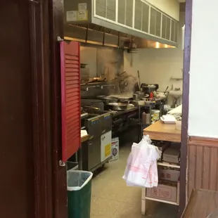 View of the kitchen from counter.