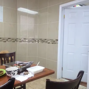 a table with a bowl of food on it