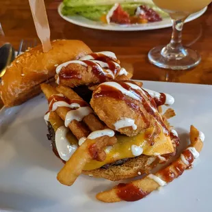 Burger night special - chicken nuggets, beer battered french fries, American cheese, ranch dressing, BBQ sauce