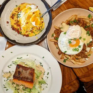 Risotto, poutine, salmon