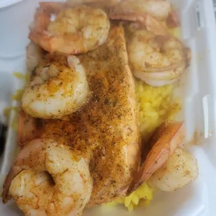 Smoked Salmon and shrimp over yellow rice