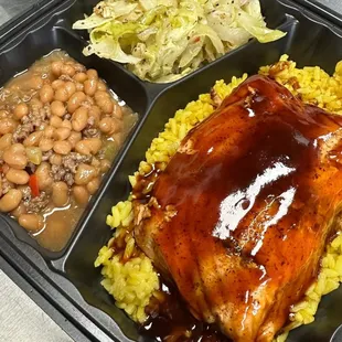 Smoked Salmon with Chipotle glaze sauce, baked beans and Cabbage