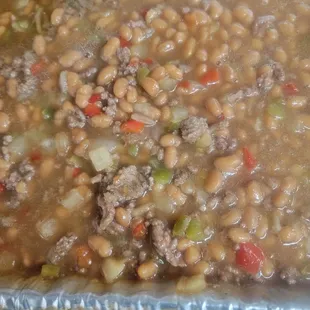 Baked beans with ground beef, onions and peppers