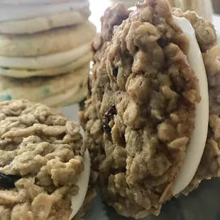 Oatmeal Raisin Sandwich Cookies. Made from scratch buttercream sandwiched between two made from scratch cookies!
