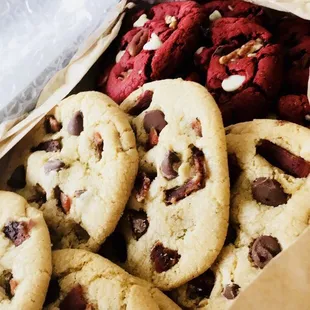 Chocolate chip red velvet pecan cookies and chocolate chip bacon cookies