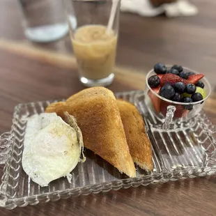 Little's breakfast- over easy egg, toast, fruit cup, and iced coffee