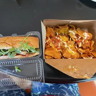 Pesto Chicken Sandwich and Loaded Nachos