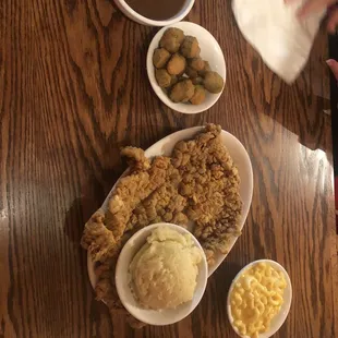 Large Chicken Fried Steak, Mash Potatoes, brown gravy (per our request) and Mac &amp; Cheese.