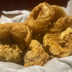 Appetizer sampler - with mozzarella sticks, fried okra, fried mushrooms, and onion rings