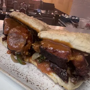 Smoked jackfruit sandwich with vegan ginger, miso house, barbecue sauce