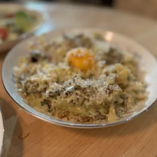 Mafalde pasta - maitake, farm egg, scallion cream. Just get it.
