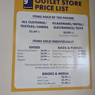 Outlet Store Updated Price List 02/2025