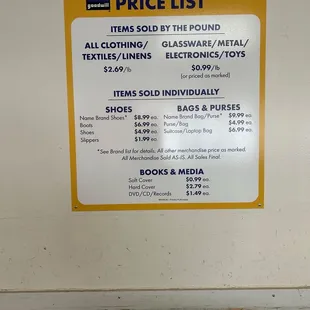 New Price List at Goodwill outlet store Kilihau