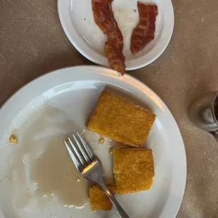 I already ate more than half of this yummy fried much and bacon cooked perfectly!  Friendly waitress too!