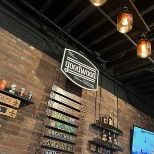 a brick wall with hanging lights