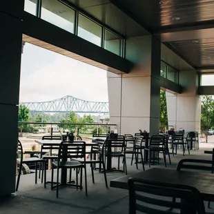 a view of a bridge from a restaurant