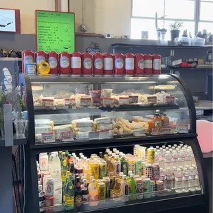 Food and drink display, menu in the back