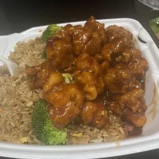 Combination pork fried rice and general tsos chicken. Classic!