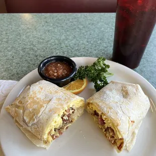 One meat bacon breakfast burrito.