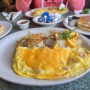 Pancakes with Ham &amp; cheese and avocado omelet.