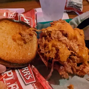 Pulled chicken sandwich with bacon and cheese.... really good!