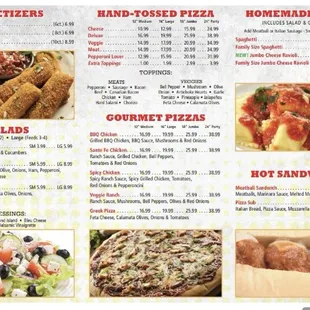 Menu; appetizers, salad, pizza