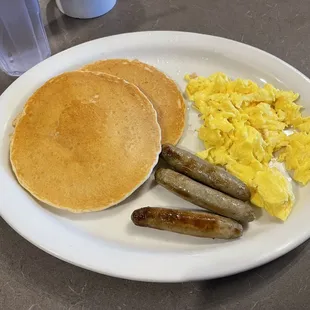 pancakes, sausages, and eggs
