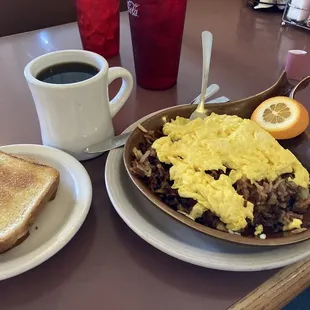 Skillet with toast and coffee