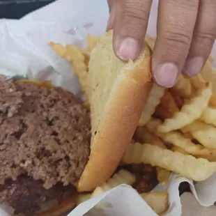 Double cheeseburger, fries, some hot, some cold. Why does the meat look l8ke this?