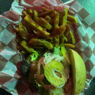a burger at night.