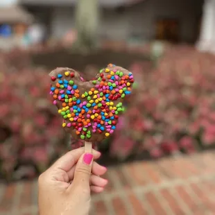 a person holding a heart shaped lollipop