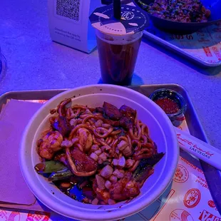 Hokkien noodles/Tiger Sugar (newly opened) Oolong tea with  boba from across inside Resorts World.