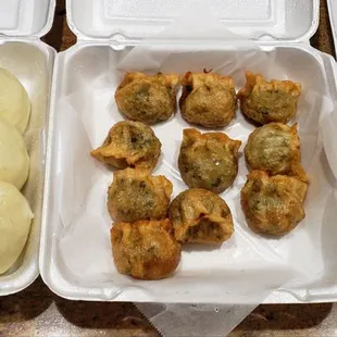 Steamed red bean bun, deep fried leek dumpling, steamed xia long bao (left to right)