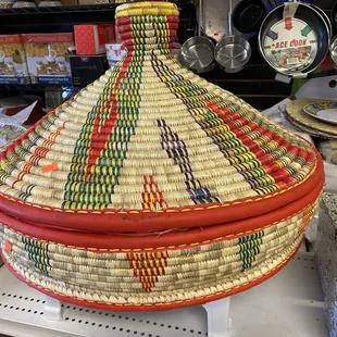 a woven basket on display