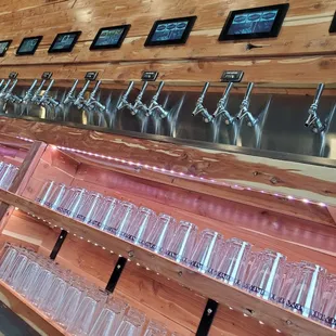 a row of beer taps