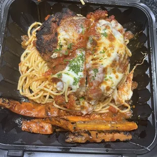 a meal in a styrofoam container