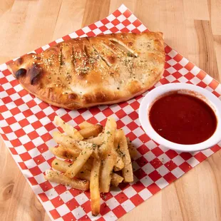 a piece of pizza and french fries