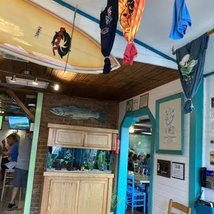 a surfboard hanging from the ceiling