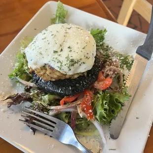 Crab stuffed portobello with mozzarella on top.