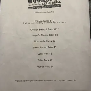 Menu Mon-Thursday 4-8pm
