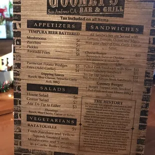 Menu made out of wood