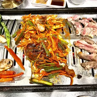 Grilled veggies, baby octopus with onions and beef Prime Brisket