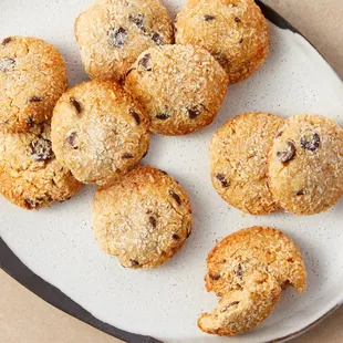 a plate of chocolate chip cookies